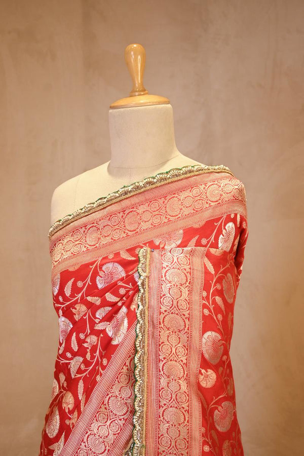 Red Handloom Banarasi Katan Silk Saree with Gold-Silver Zari Floral Jaal