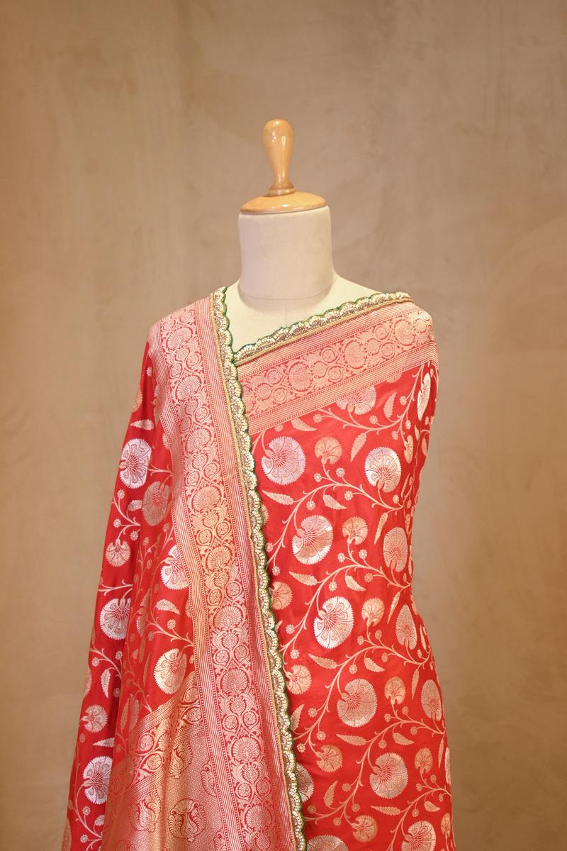 Red Handloom Banarasi Katan Silk Saree with Gold-Silver Zari Floral Jaal