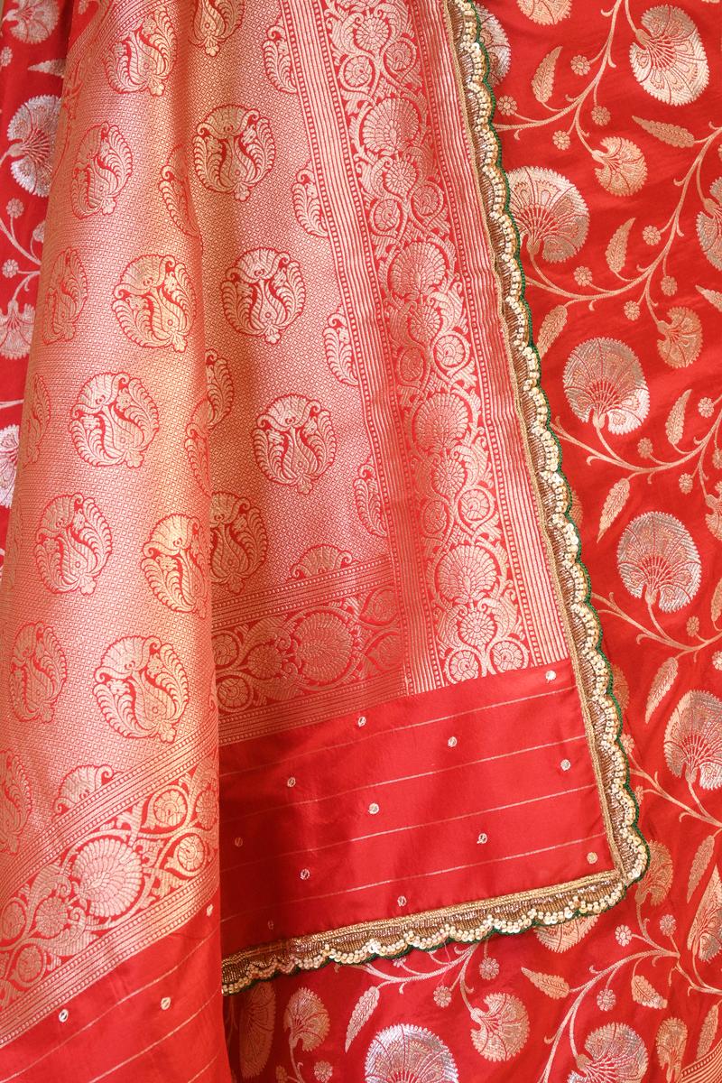 Red Handloom Banarasi Katan Silk Saree with Gold-Silver Zari Floral Jaal
