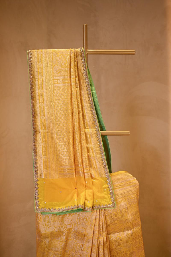 Yellow Banarasi Katan Silk Saree with Pichwai Woven Art