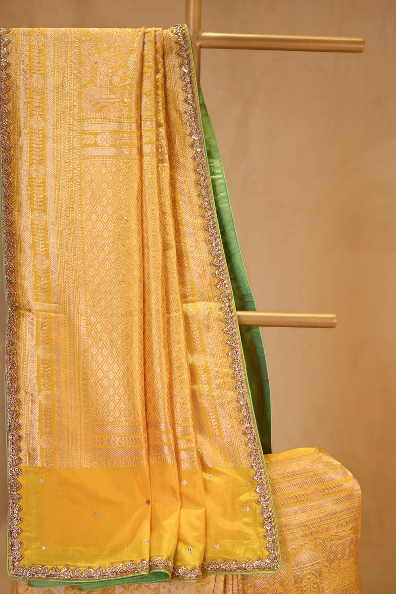 Yellow Banarasi Katan Silk Saree with Pichwai Woven Art