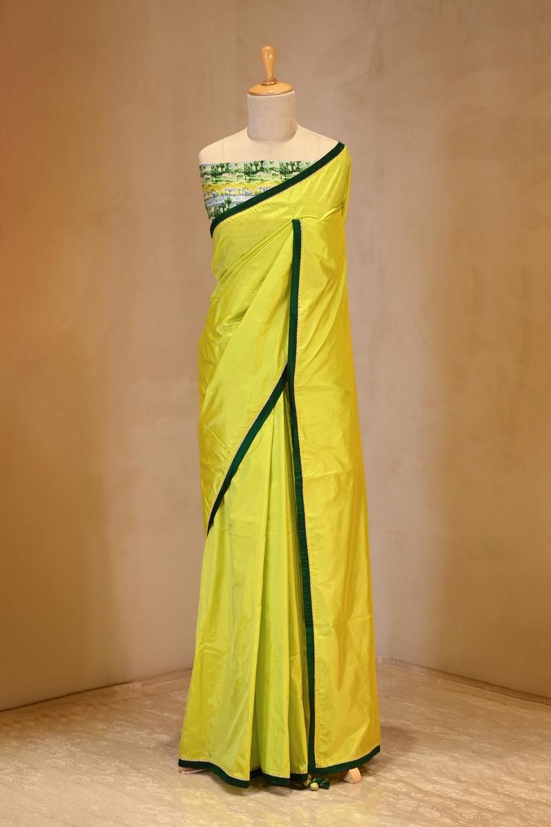 Lime Yellow Banarasi Silk Saree With Chiniya Silk Blouse