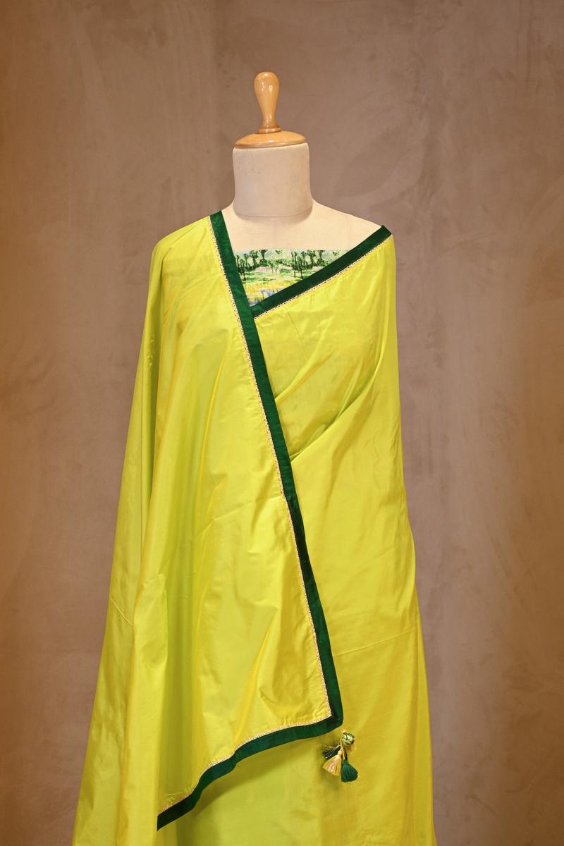 Lime Yellow Banarasi Silk Saree With Chiniya Silk Blouse