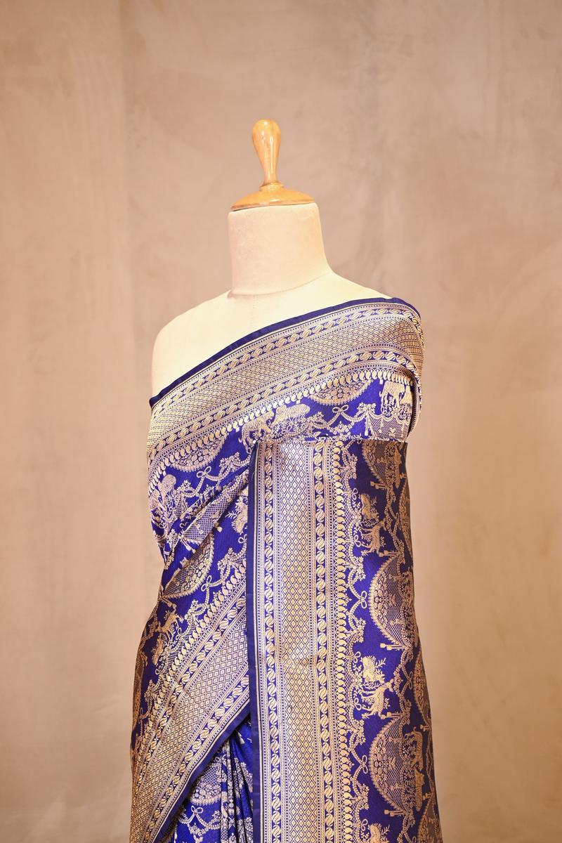 Royal Blue Shikargah Banarasi Katan Silk Saree