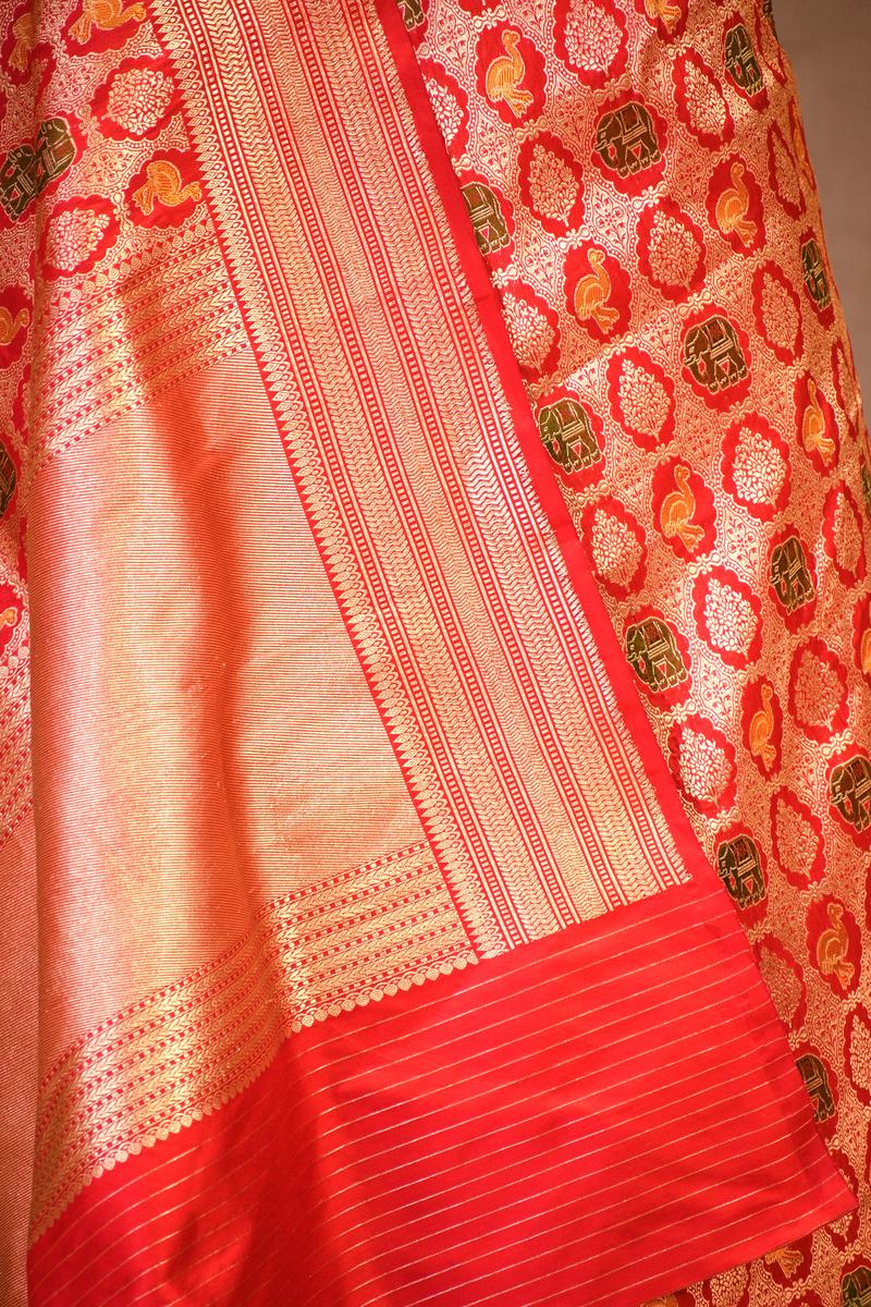 Red Banarasi Katan Silk Saree with Meenakari Bird-Elephant Motifs