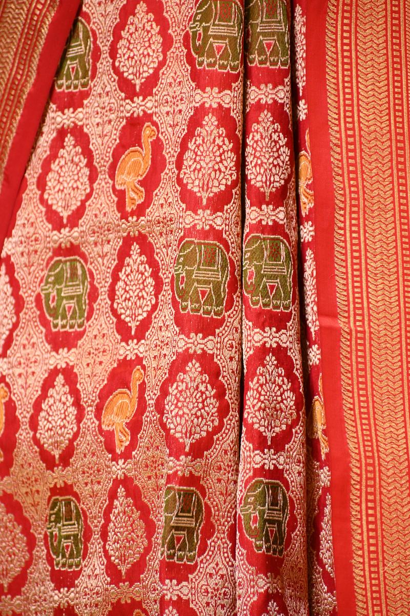 Red Banarasi Katan Silk Saree with Meenakari Bird-Elephant Motifs
