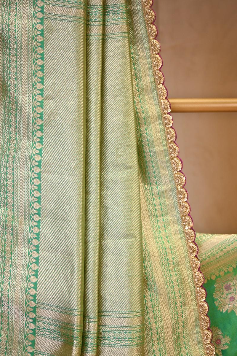 Aqua Green Banarasi Katan Silk Saree with Floral Meenakari Motifs
