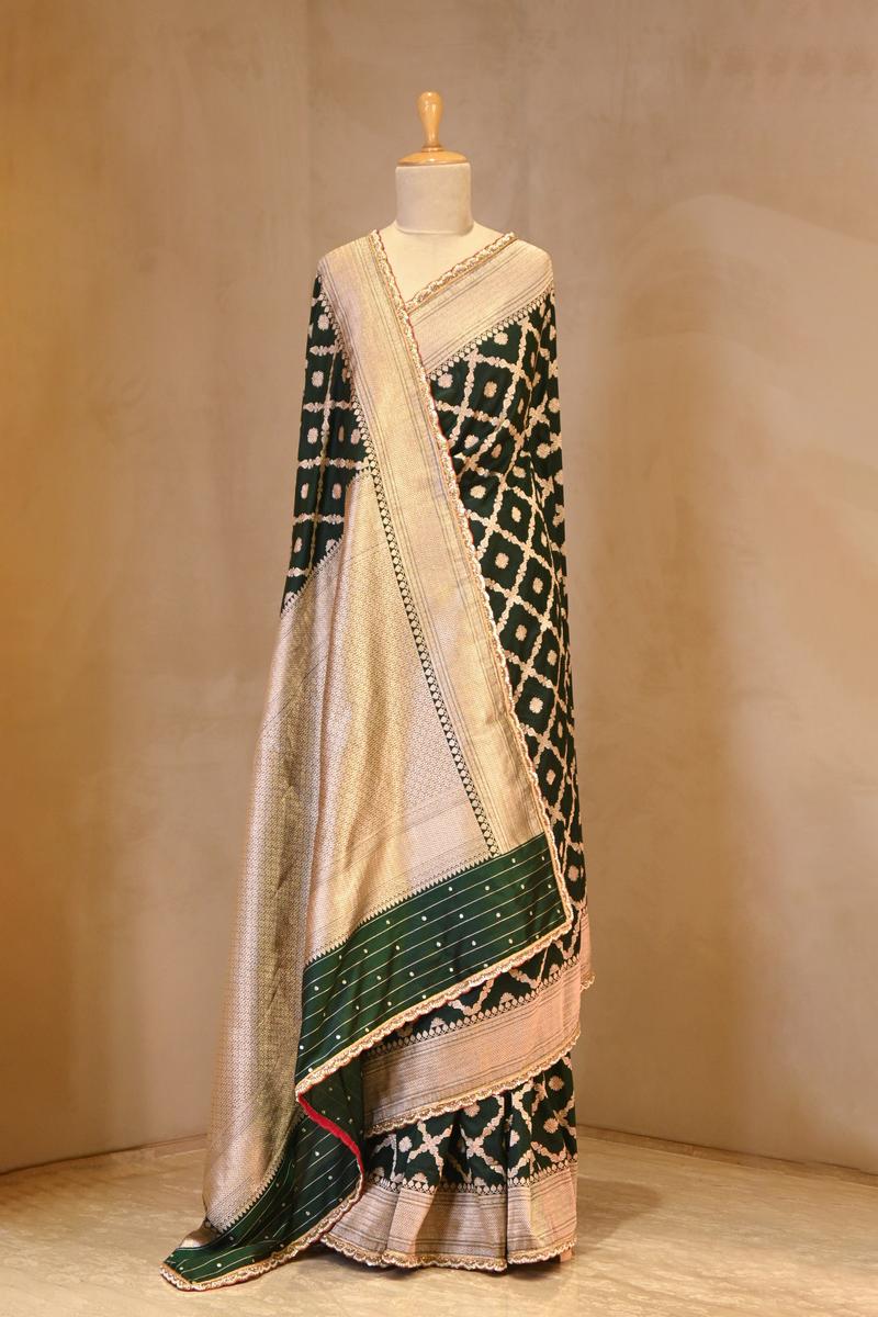 Bottle Green Banarasi Katan Silk Saree with Crisscross Jaal Pattern