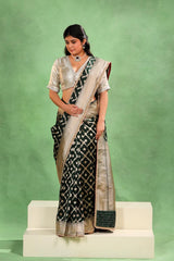 Bottle Green Banarasi Katan Silk Saree with Crisscross Jaal Pattern