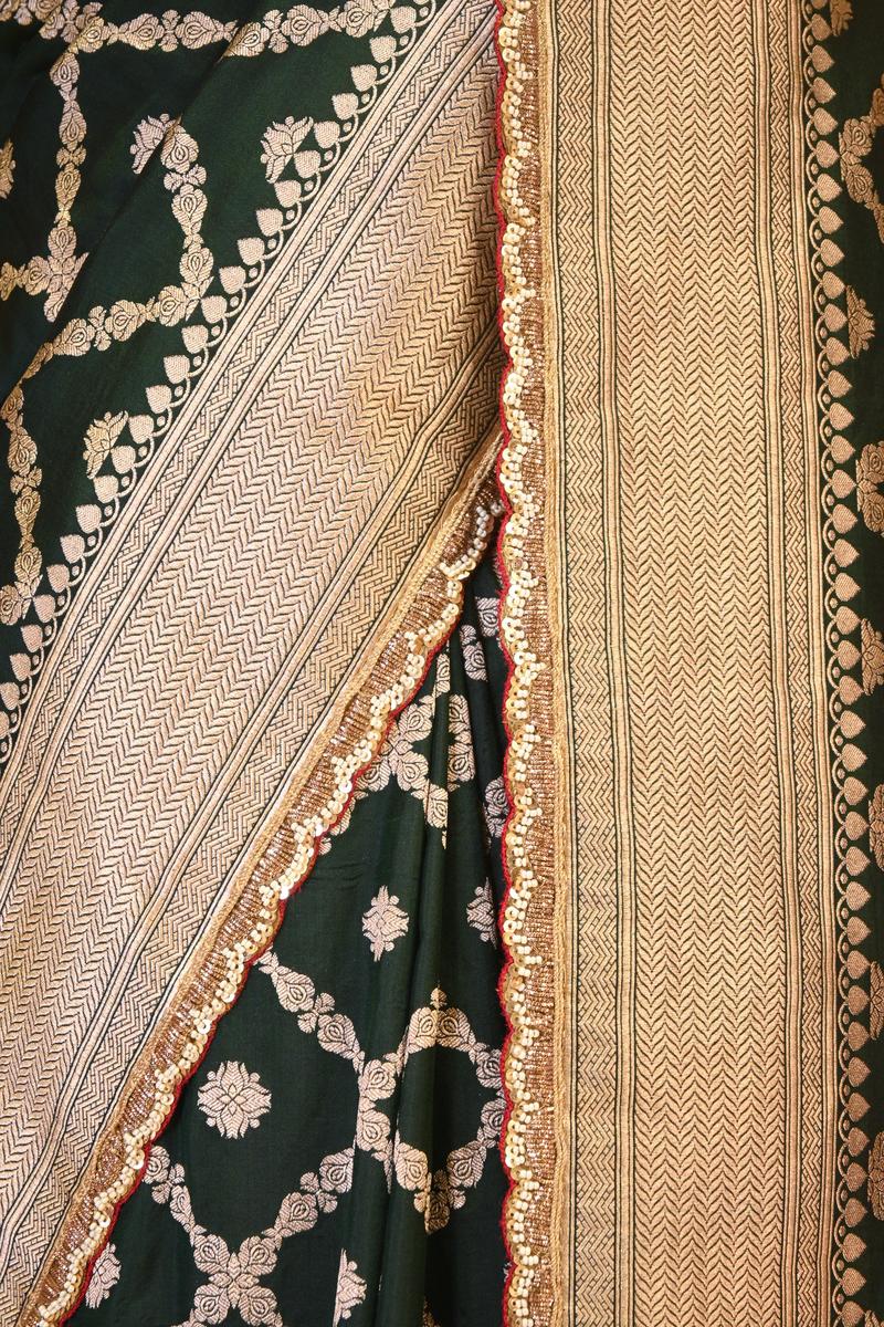 Bottle Green Banarasi Katan Silk Saree with Crisscross Jaal Pattern