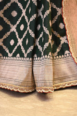 Bottle Green Banarasi Katan Silk Saree with Crisscross Jaal Pattern