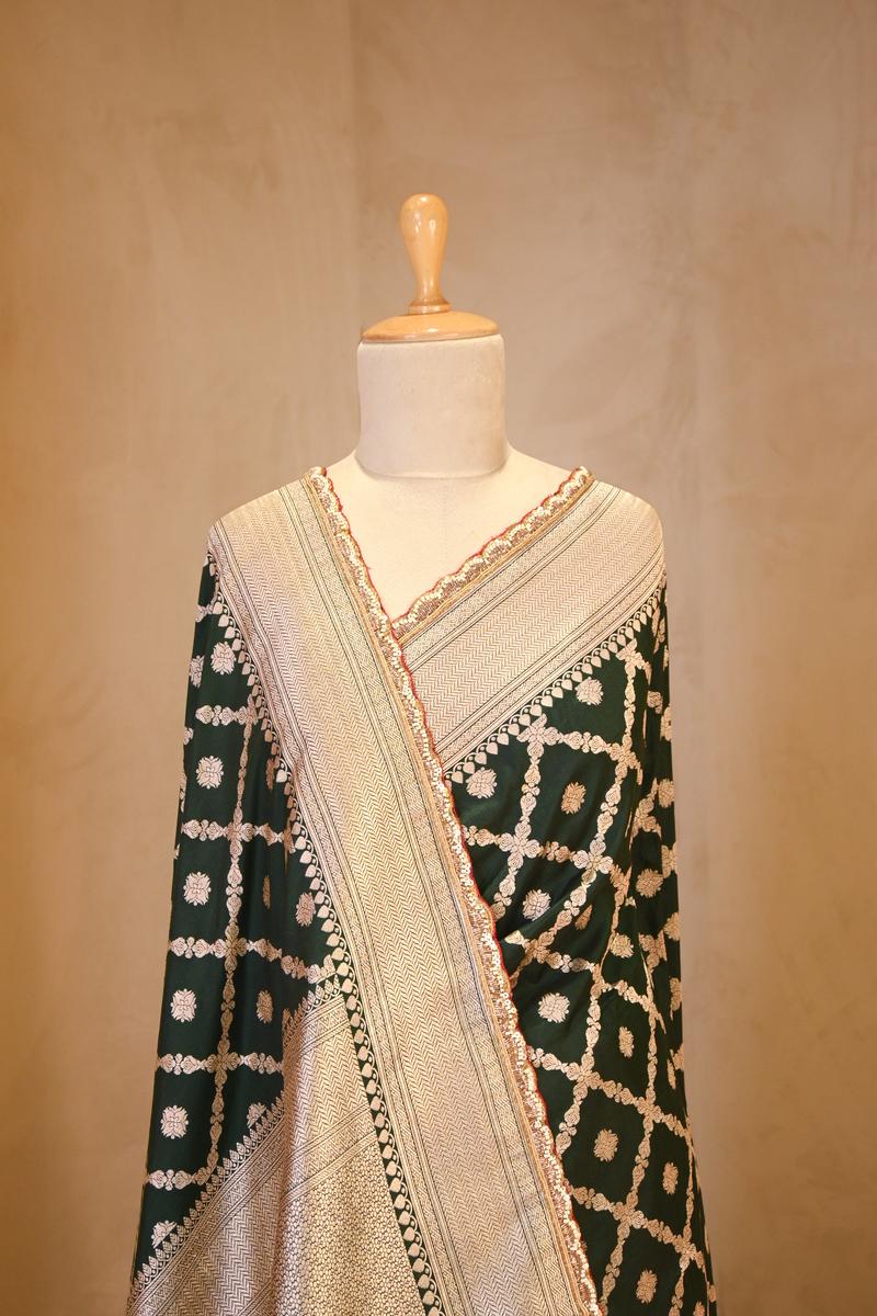 Bottle Green Banarasi Katan Silk Saree with Crisscross Jaal Pattern