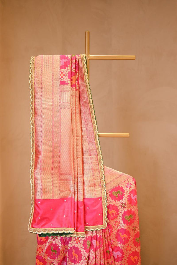 A Pink Banarasi Silk Saree on Dummy