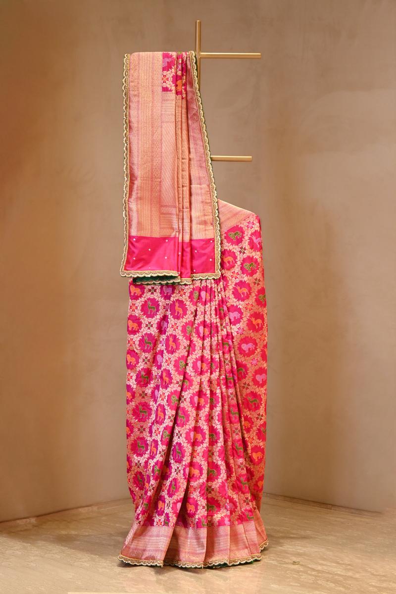 A Pink Banarasi Silk Saree on Dummy