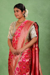 Pink Banarasi Katan Silk Saree with Shikargah Meenakari Work