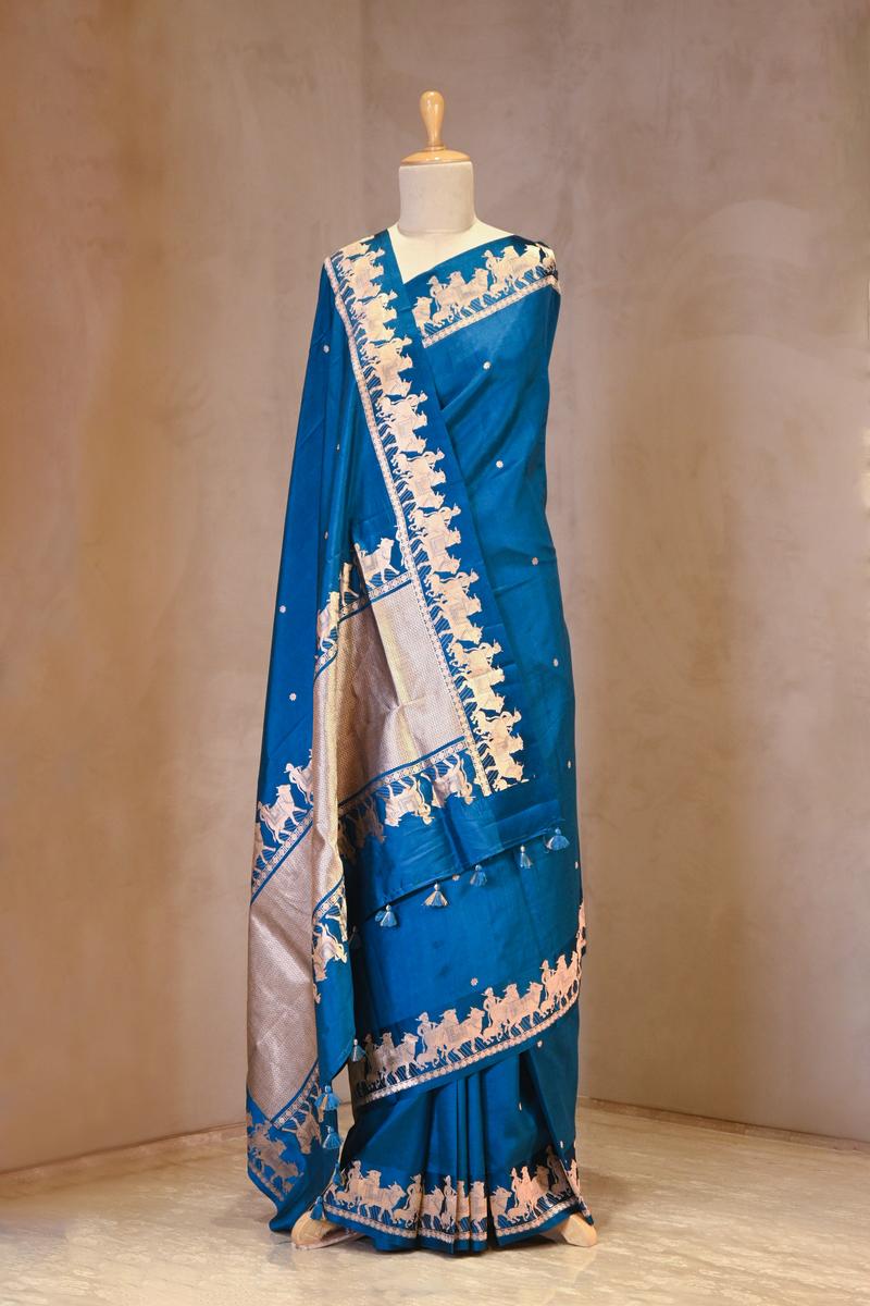 Blue Banarasi Satin Silk Saree with Pichwai Border