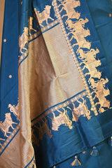 Blue Banarasi Satin Silk Saree with Pichwai Border
