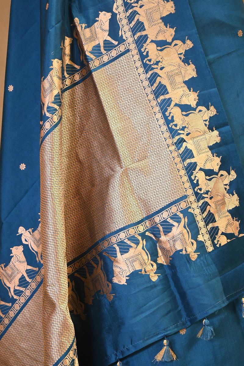 Blue Banarasi Satin Silk Saree with Pichwai Border
