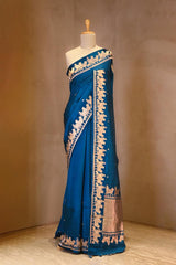 Blue Banarasi Satin Silk Saree with Pichwai Border
