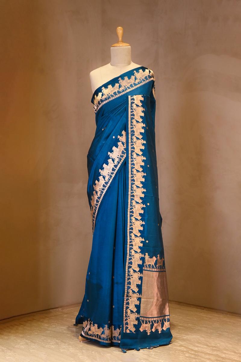Blue Banarasi Satin Silk Saree with Pichwai Border