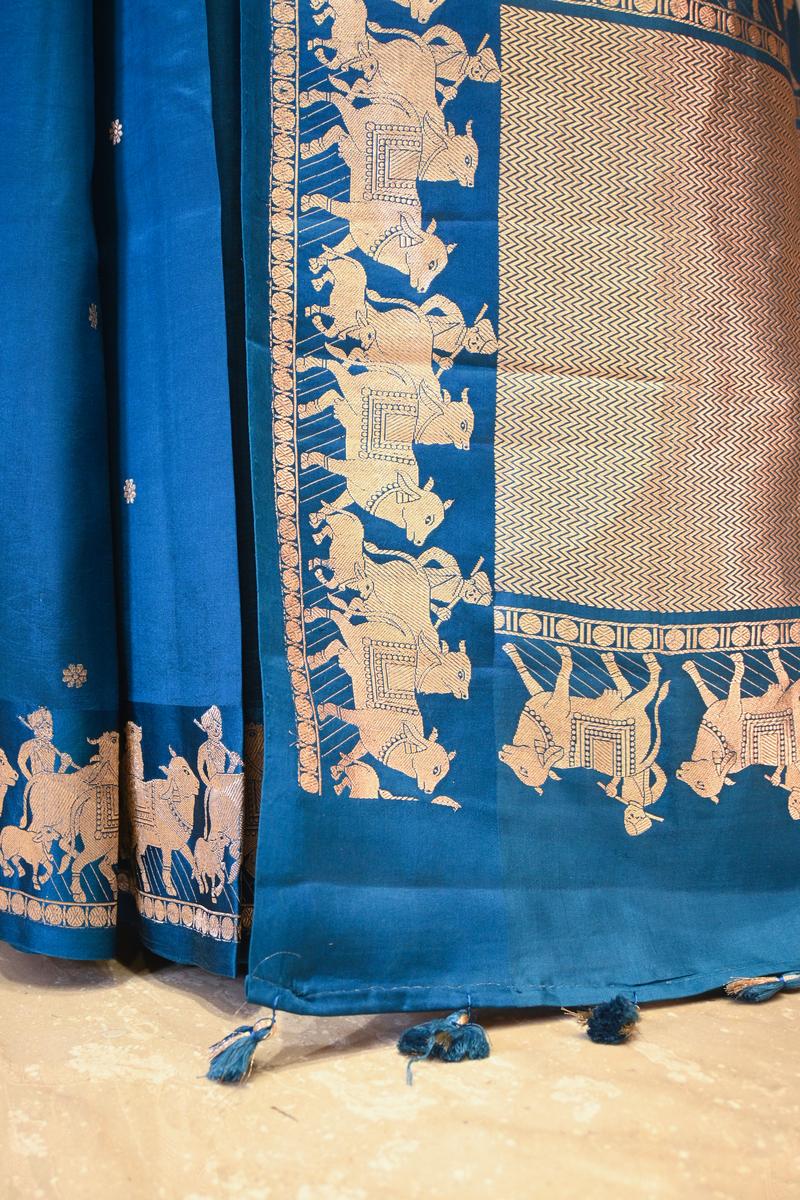 Blue Banarasi Satin Silk Saree with Pichwai Border