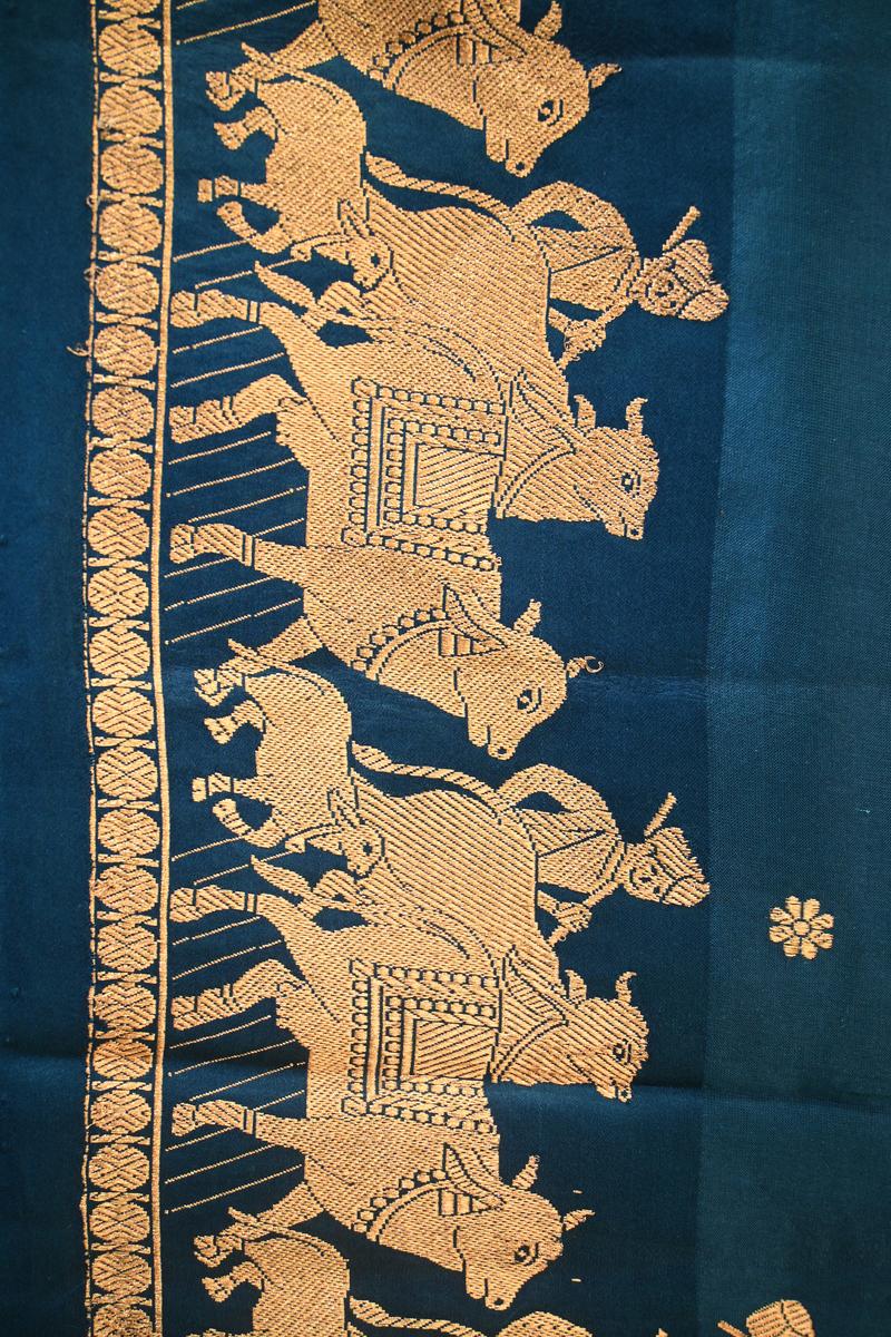 Blue Banarasi Satin Silk Saree with Pichwai Border