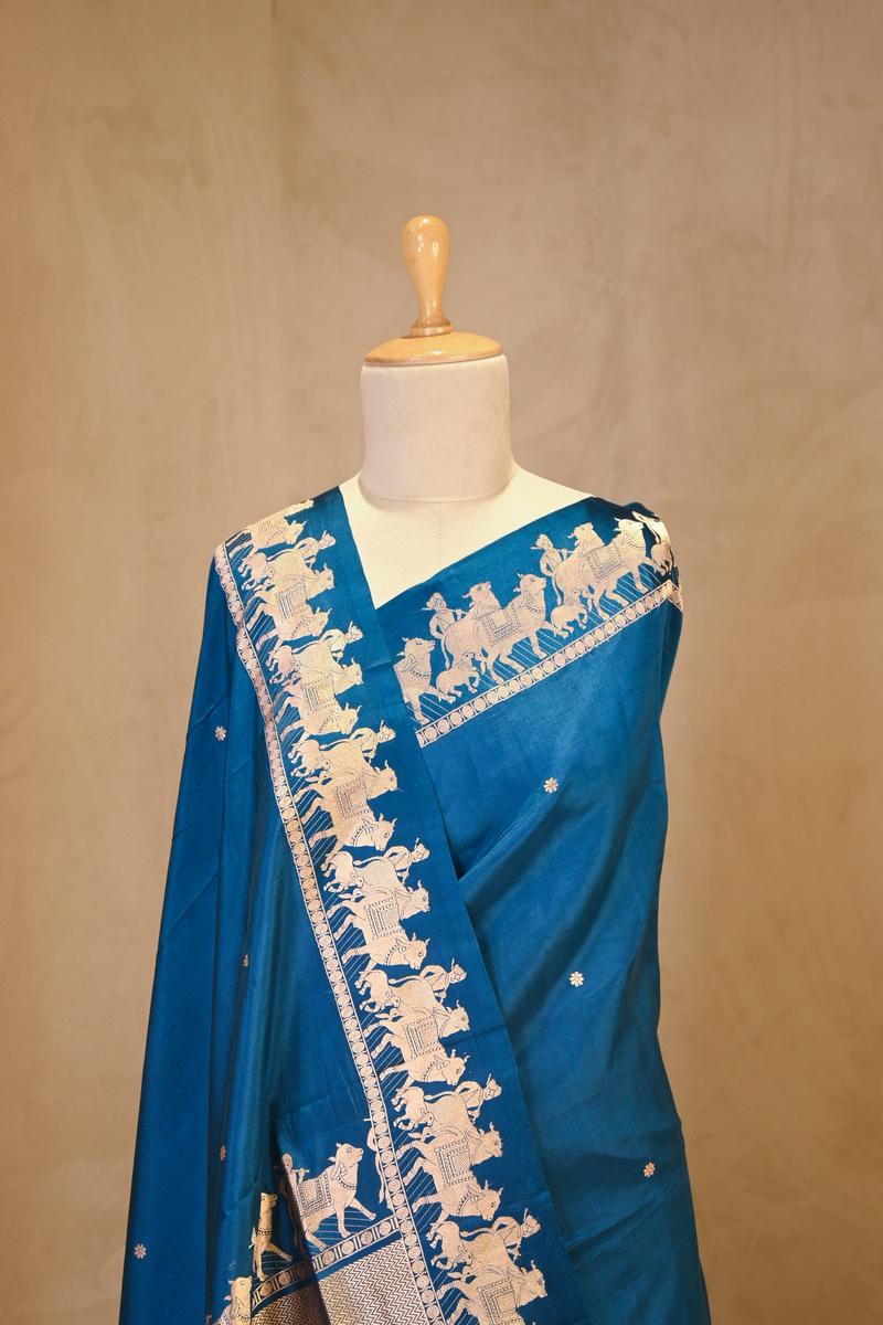 Blue Banarasi Satin Silk Saree with Pichwai Border