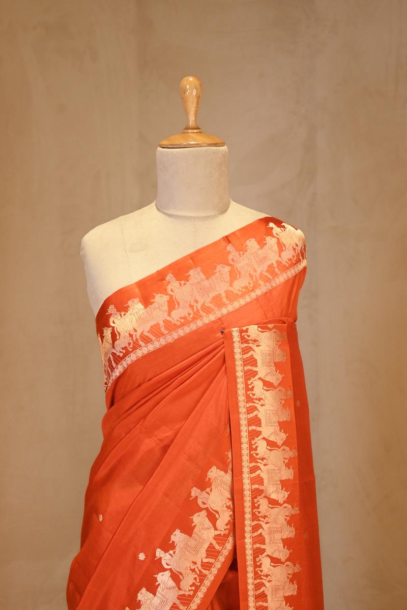 Orange Banarasi Satin Silk Saree with Pichwai Border
