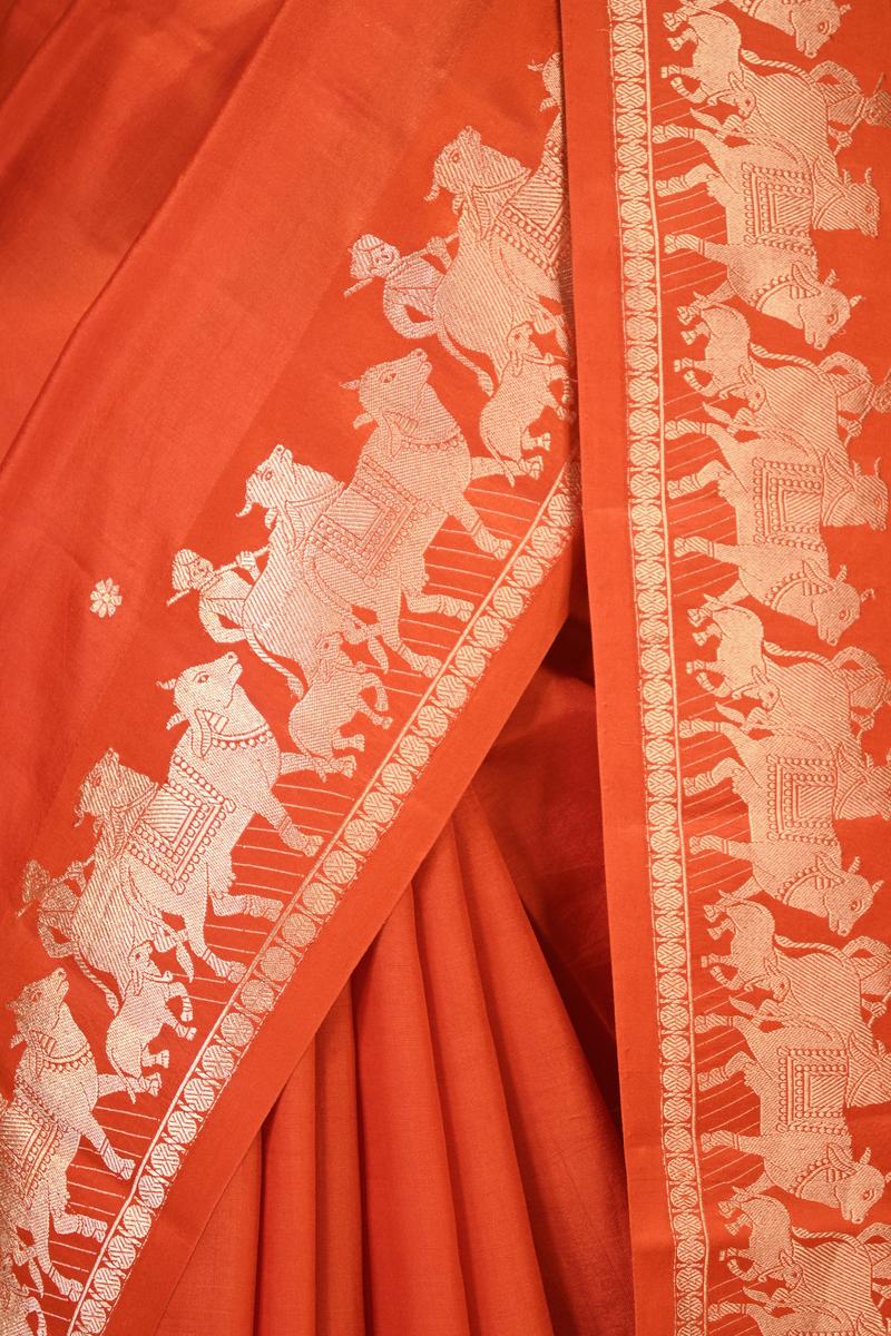 Orange Banarasi Satin Silk Saree with Pichwai Border