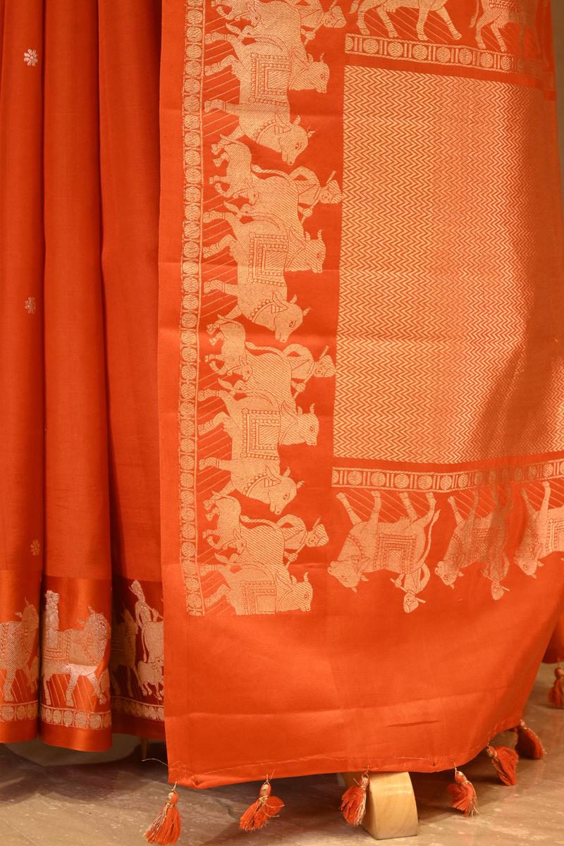 Orange Banarasi Satin Silk Saree with Pichwai Border