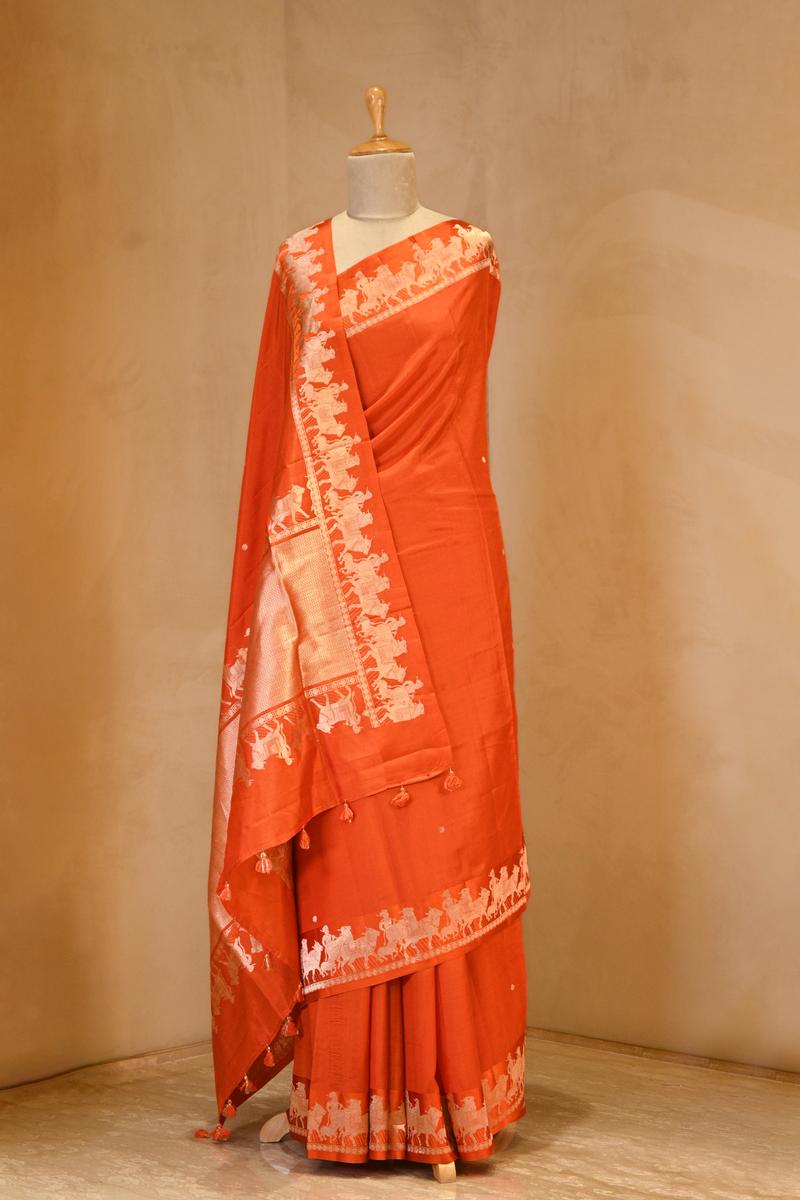 Orange Banarasi Satin Silk Saree with Pichwai Border