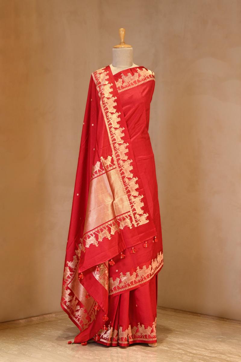 Red Banarasi Satin Silk Saree with Pichwai Border