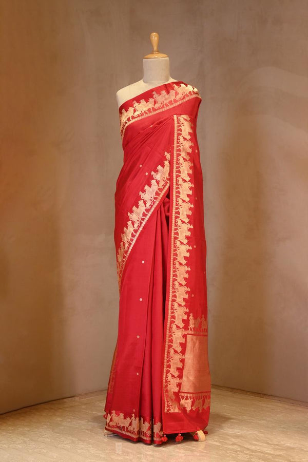Red Banarasi Satin Silk Saree with Pichwai Border