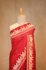 Red Banarasi Satin Silk Saree with Pichwai Border
