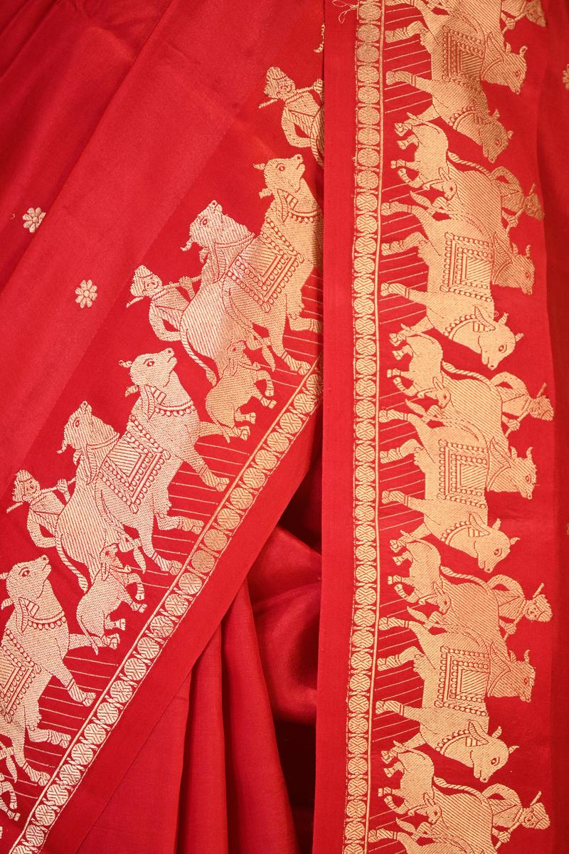 Red Banarasi Satin Silk Saree with Pichwai Border