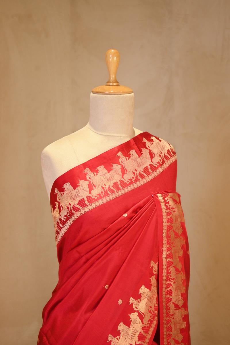 Red Banarasi Satin Silk Saree with Pichwai Border