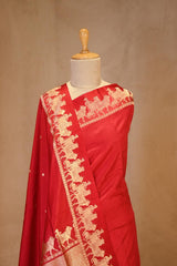 Red Banarasi Satin Silk Saree with Pichwai Border