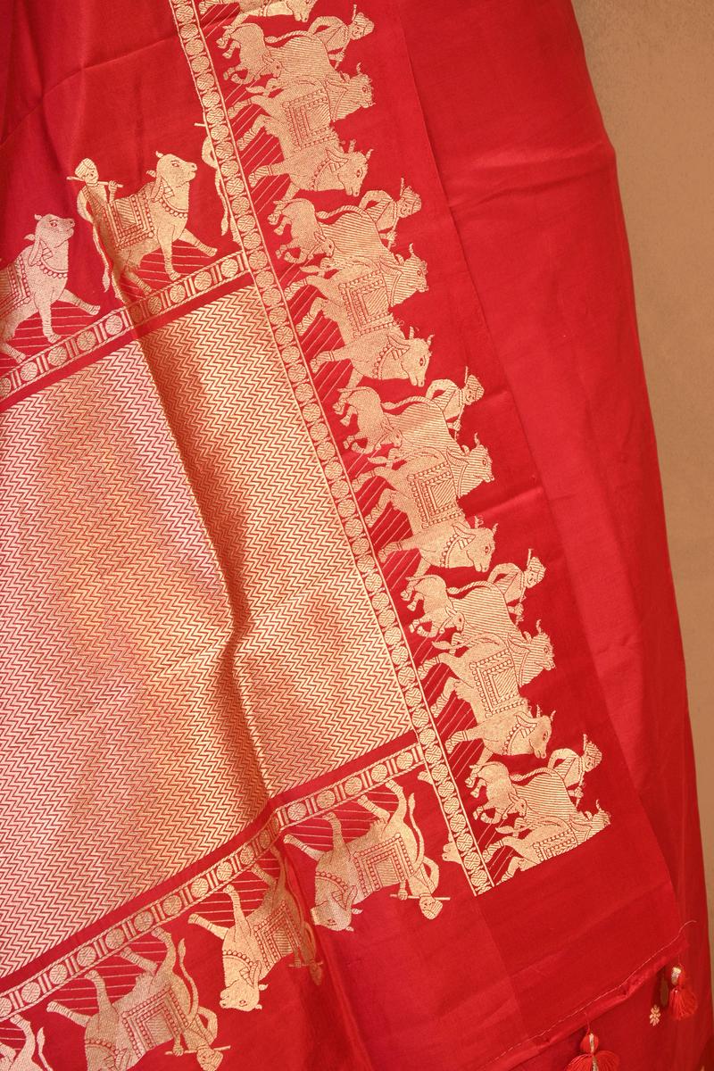 Red Banarasi Satin Silk Saree with Pichwai Border