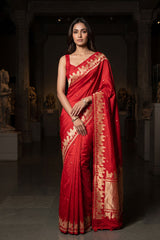 Red Banarasi Silk Saree with Pichwai Border