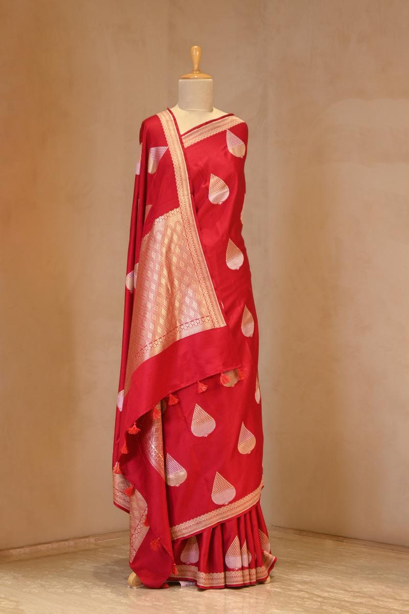 Red Banarasi Satin Silk Saree with Gold-Silver Zari Pan Butas