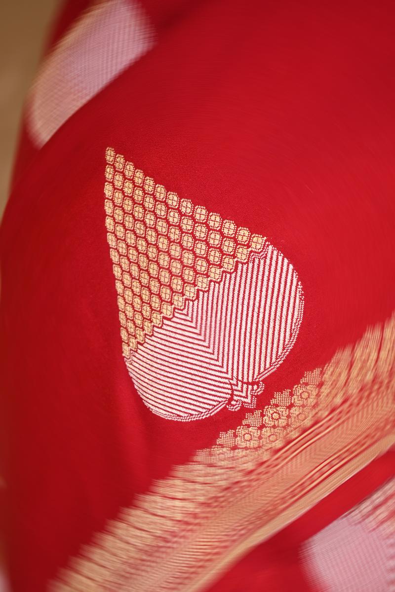 Red Banarasi Satin Silk Saree with Gold-Silver Zari Pan Butas