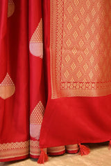 Red Banarasi Satin Silk Saree with Gold-Silver Zari Pan Butas