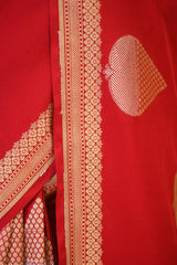 Red Banarasi Satin Silk Saree with Gold-Silver Zari Pan Butas