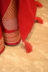 Red Banarasi Satin Silk Saree with Gold-Silver Zari Pan Butas