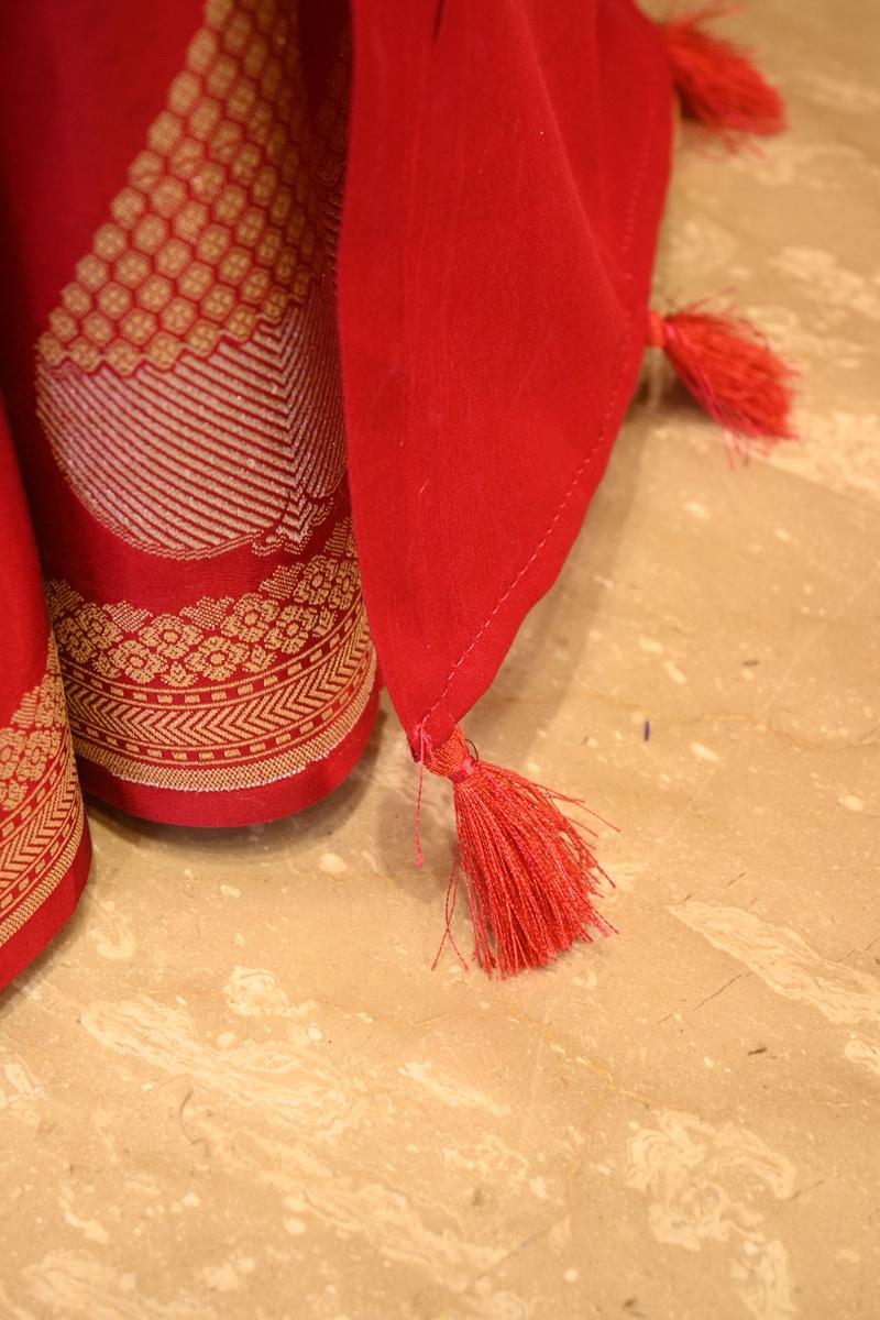Red Banarasi Satin Silk Saree with Gold-Silver Zari Pan Butas