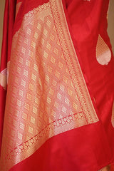 Red Banarasi Satin Silk Saree with Gold-Silver Zari Pan Butas