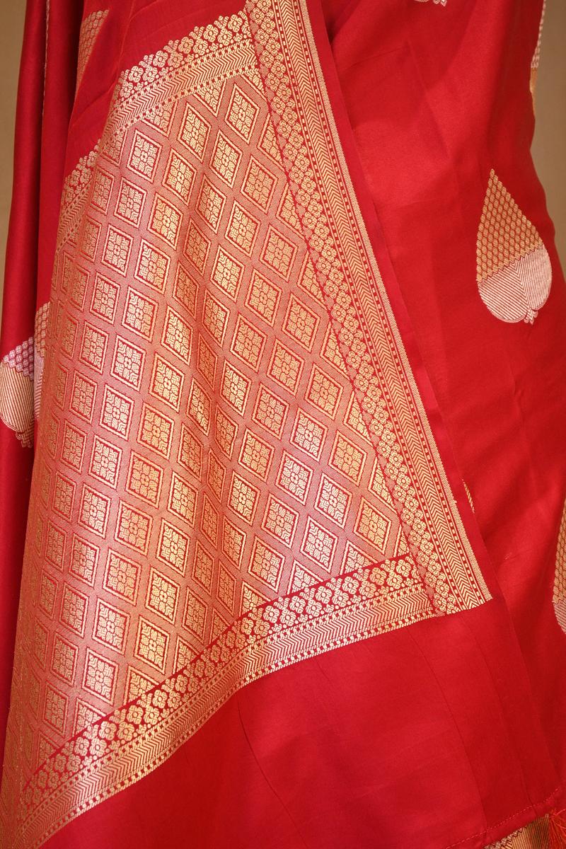 Red Banarasi Satin Silk Saree with Gold-Silver Zari Pan Butas