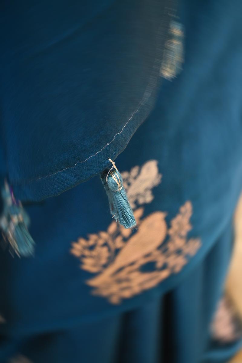 Blue Banarasi Satin Silk Saree with Sona-Rupa Bird Motifs