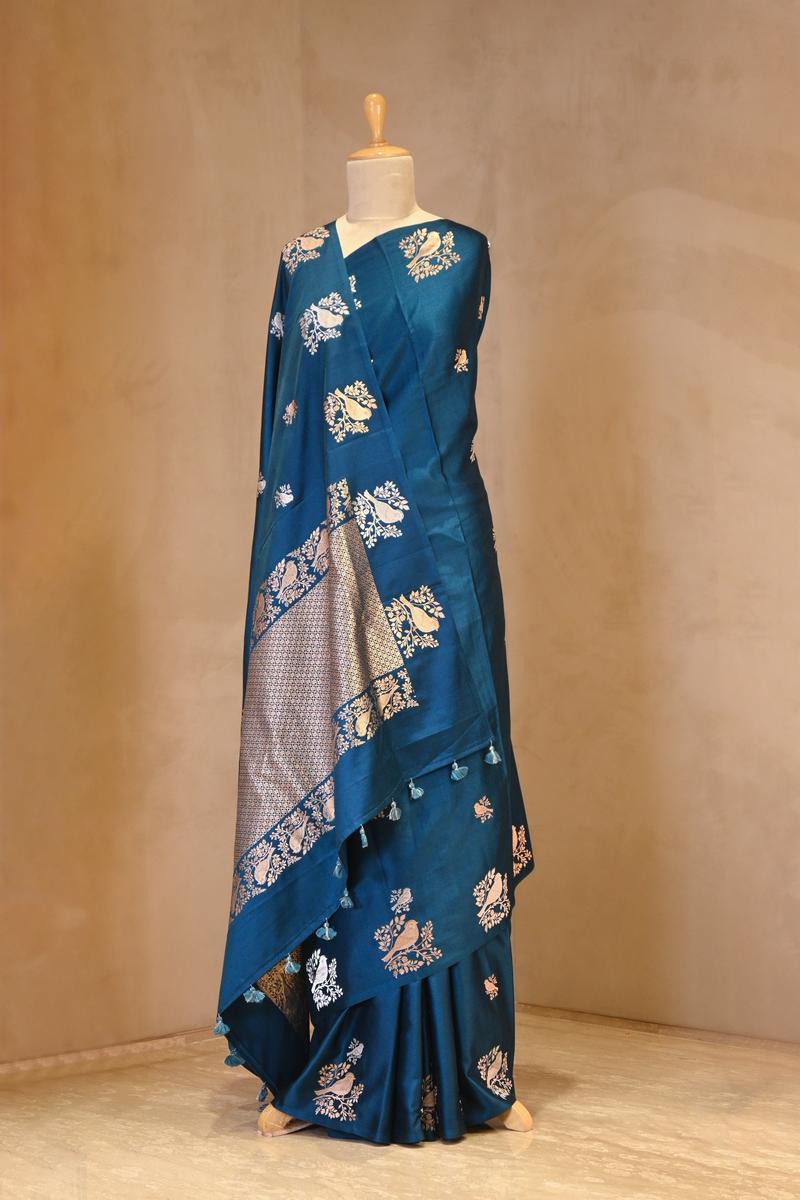 Blue Banarasi Satin Silk Saree with Sona-Rupa Bird Motifs