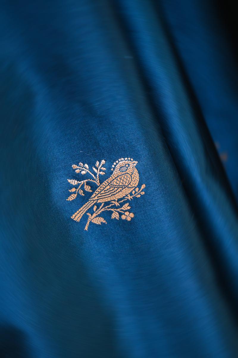Blue Banarasi Satin Silk Saree with Sona-Rupa Bird Motifs